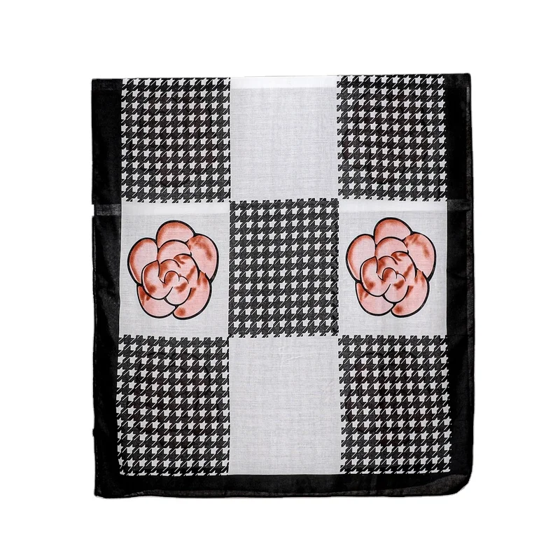 
2020 Wholesale Houndstooth Camellia Patchwork Print Long Polyester Shawl Scarf Women Floral Chiffon Hijab Designer Scarf Styles 