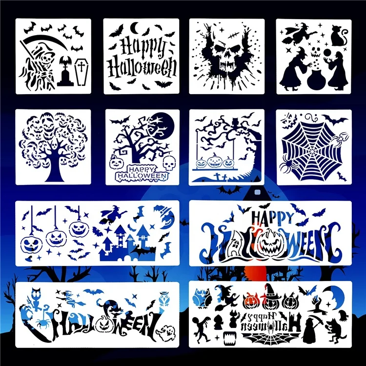 Трафареты для рисования на Хэллоуин, многоразовые пластиковые трафареты для рисования, шаблон, тыква, призрак, ведьма, летучая мышь, узоры паука