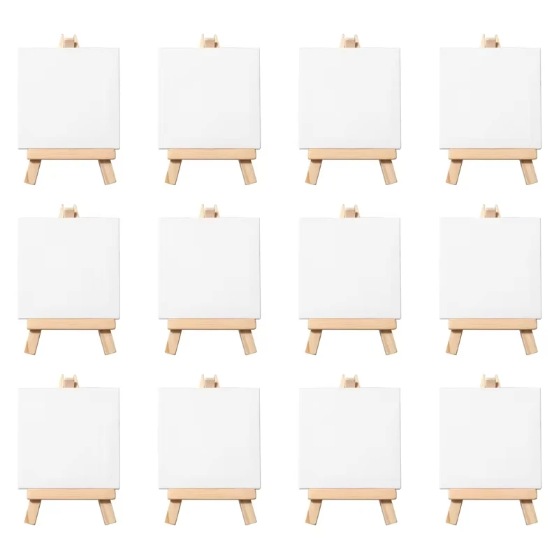 Keep Smiling 10x10cm Cotton Mini Stretched Canvas Board with Wooden Paint Easel Display Stand For Kids Painting
