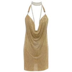 Backless Crystal Metal Mesh Dress / Chain Halter Rhinestone Slit Kendall Jenner 21st Birthday Party Dress