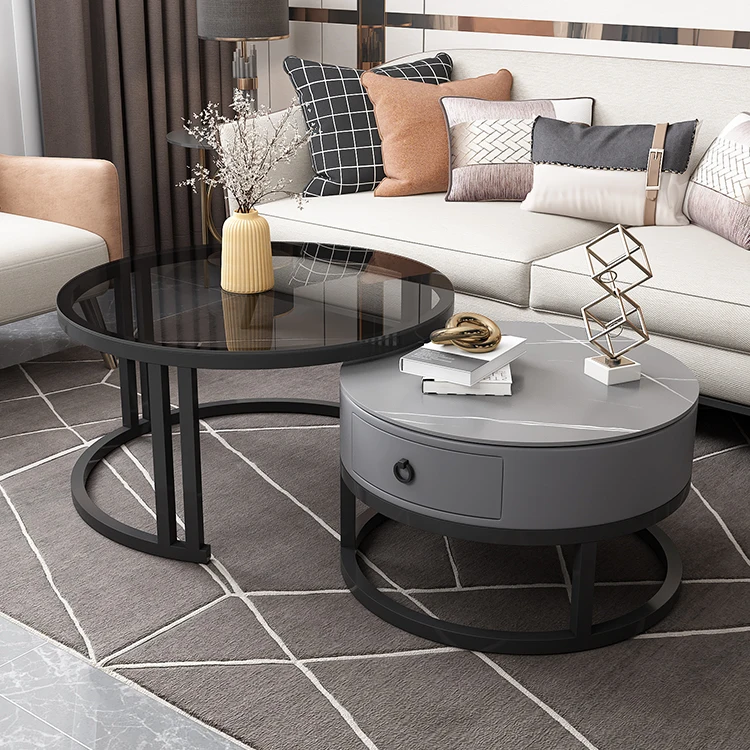 Wholesale Modern Luxury Round Glass Stone Metal Center Coffee Tables Coffee Table Sets With Drawer