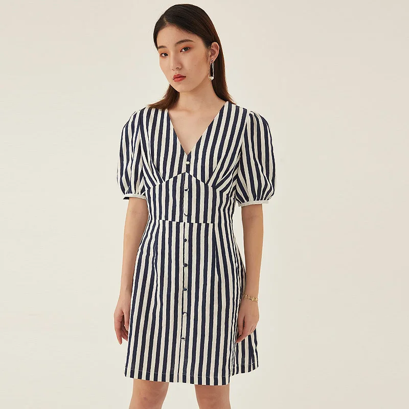 Модная одежда на заказ от производителя odm, повседневное Полосатое летнее платье свободного кроя с V-образным вырезом и короткими рукавами-фонариками для женщин