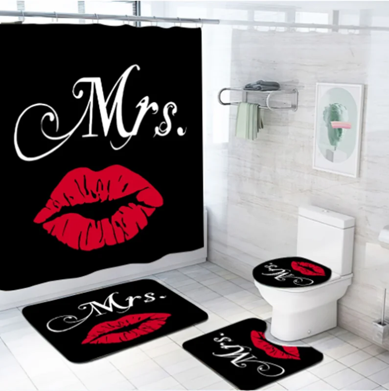 Amazon Hot Selling Four Pieces Polyester Sexy Lips Shower Curtain Set With Floor Mats For Bathroom