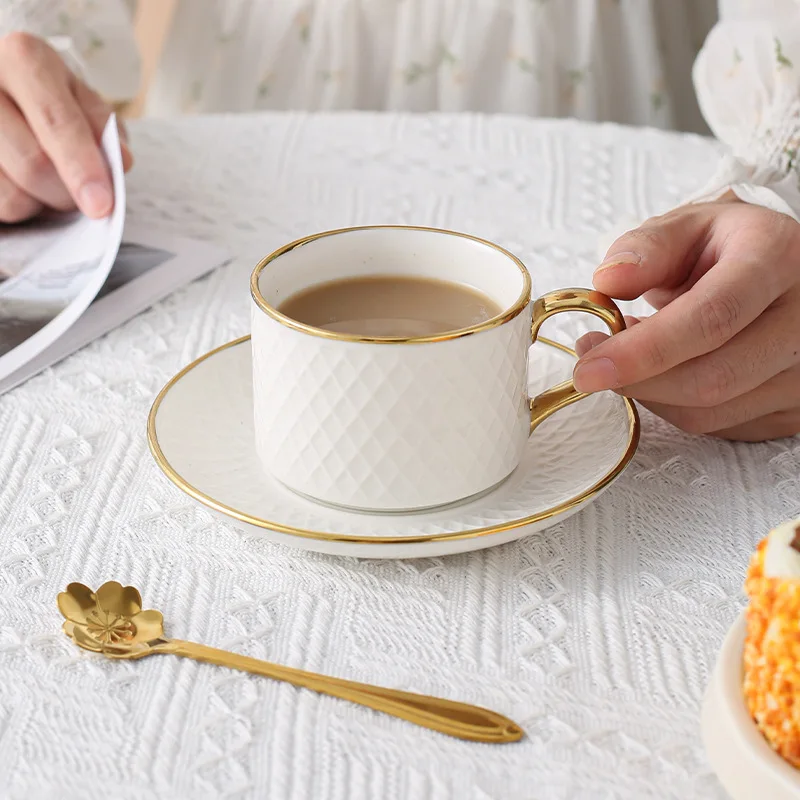 Nordic modern high quality white ceramic cup and saucer set bone china wholesale tea cups and saucers