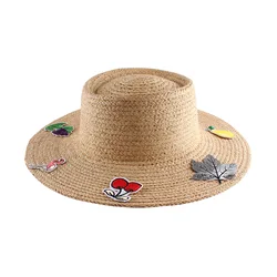 Fashion Lafite Straw Hat Summer Flat Top Embroidery Large Eaves Sunscreen Net Red Holiday Hat