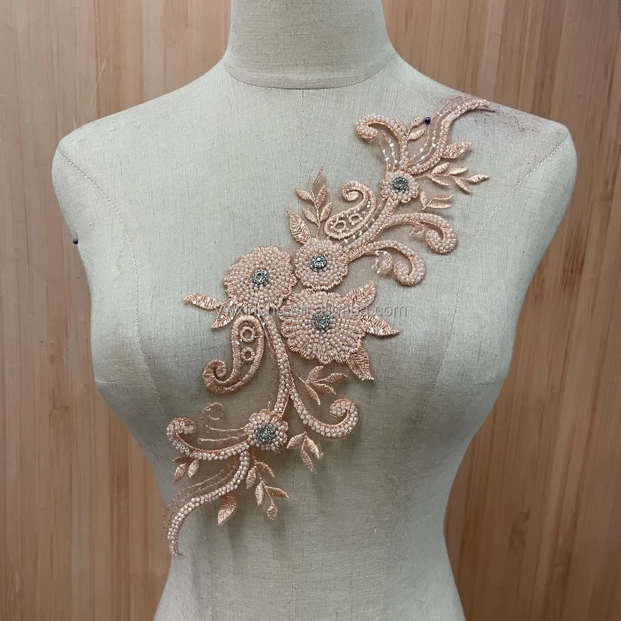 Peach Lace Applique Embroidery Lace Patch with Beads Sequin for Bridal Couture Dress Veil Embellishment Craft