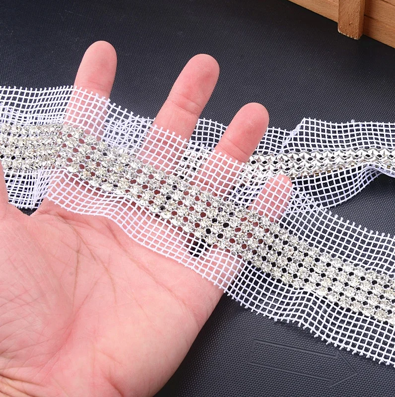 Crystal Diamond Mesh White Fabric Silver Metal Base Rhinestone Sewing Lace Trim for Bags Shoes Clothing Decoration