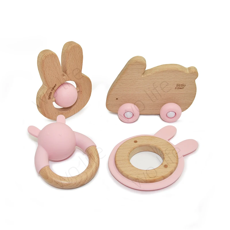 Non toxic new design food grade beech wood teether cute animal shape silicone teething teether baby chewy toy