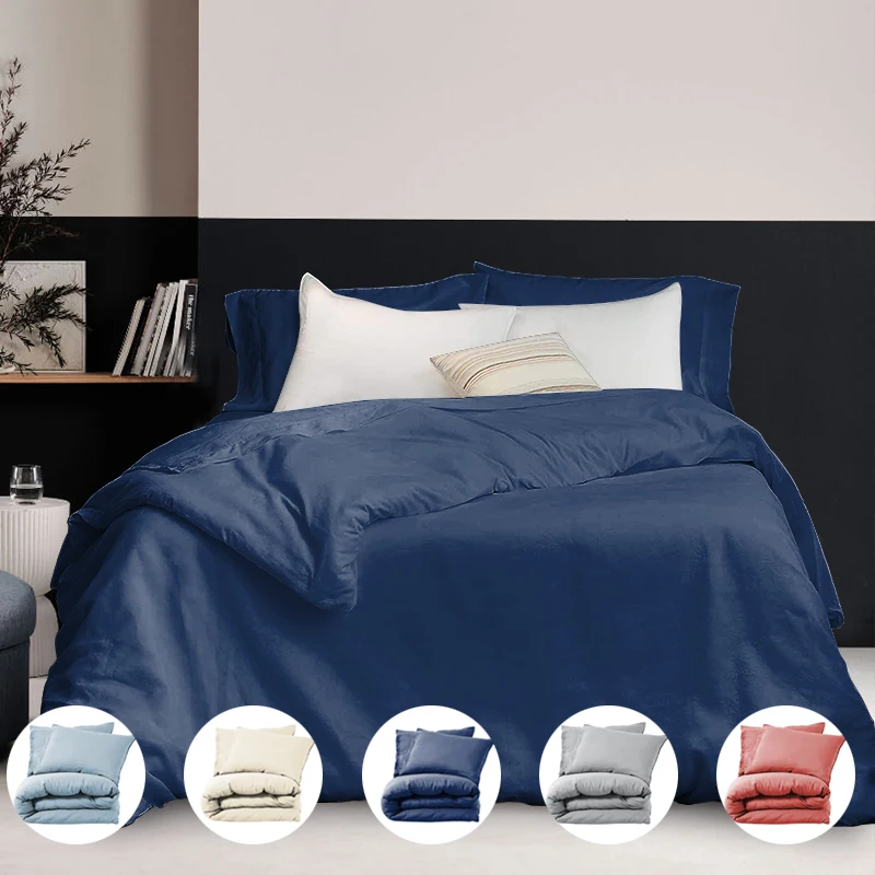 Heniemo Low Moq Customized Bedding Set 3pcs Solid Cotton Linen comforter Duvet Cover Set