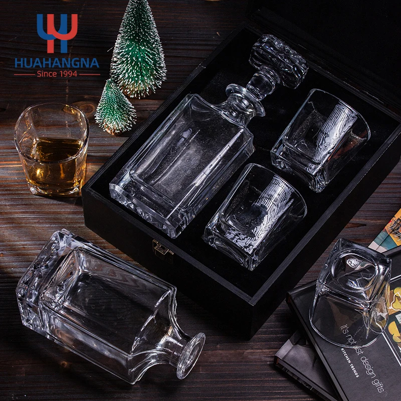 Customized Color Personalized Bourbon Liquor Decanter Set and 2 Square Whiskey Drinking Glasses in Black Wood Gift Box