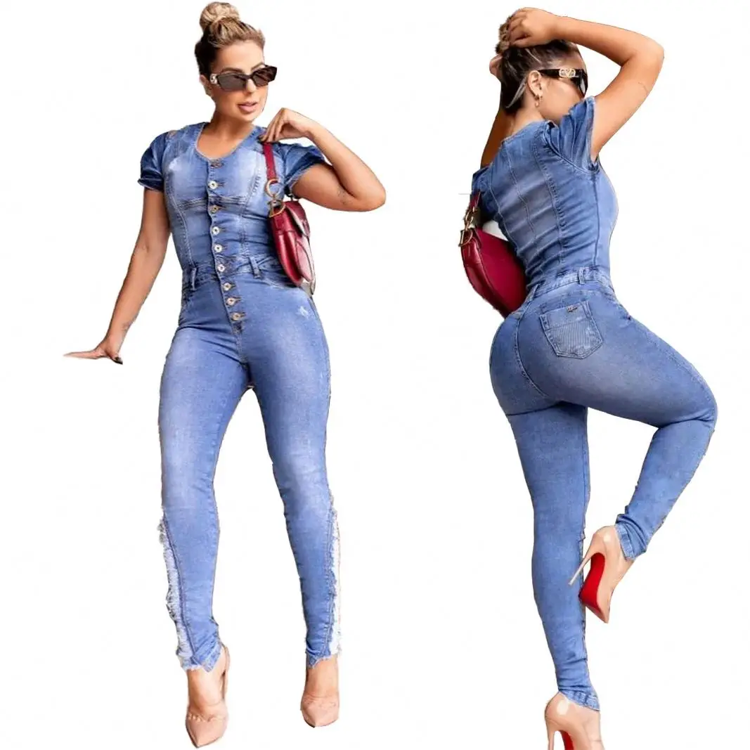 
2021 Fashion slim slimming jumpsuit with white spray and ripped pleated jeans denim one piece outfits for women plus size romper 