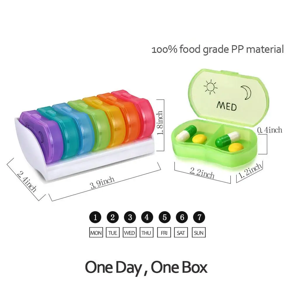 Custom 7 Days Weekly Rainbow Plastic Portable Travel Pill Storage Box / Tablet Box / Medicine Case Container