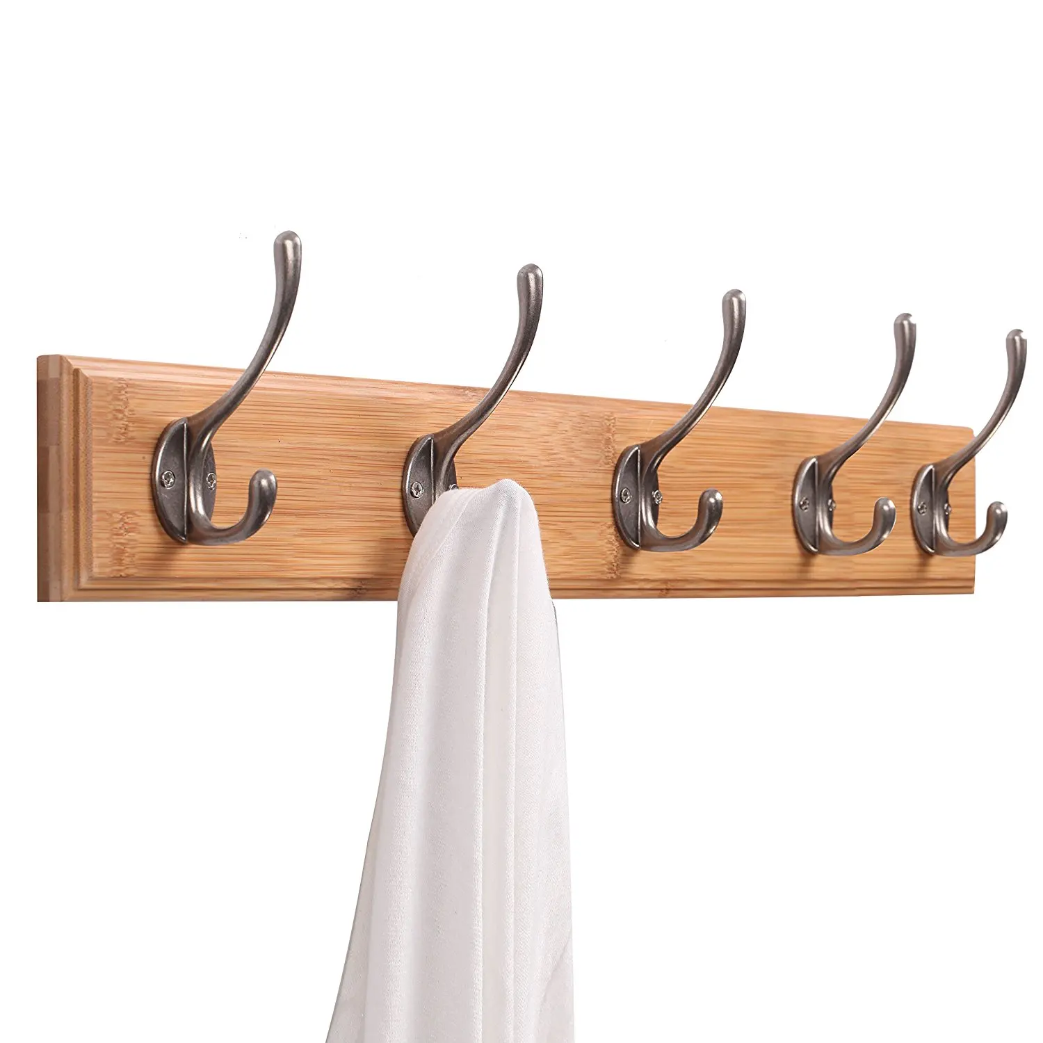 Eco-friendly  Bamboo Wall-mounted Rack with 5 Metal Hooks Storage Shelf