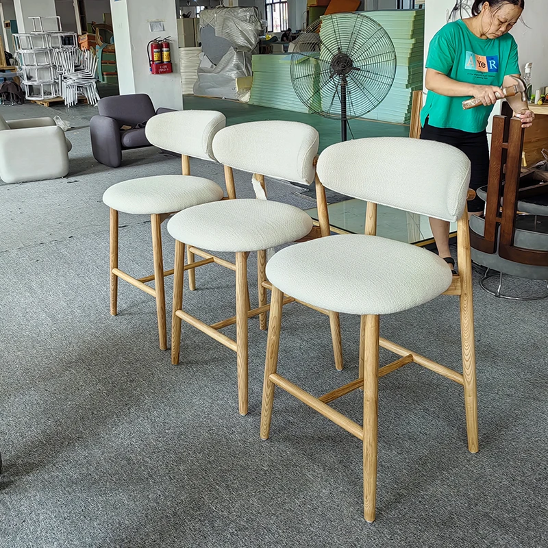 Nordic modern design bar stool high chair solid wood foot linen fabric restaurant chair for hotel dining kitchen