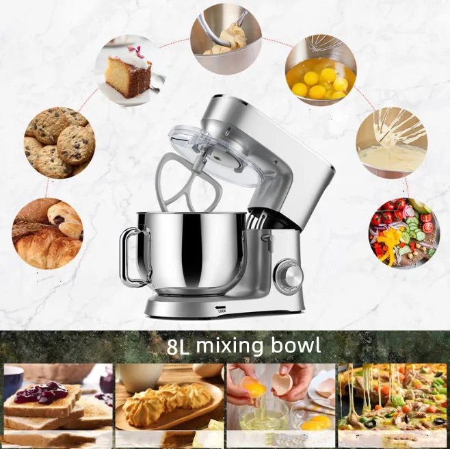 8 Liter Household Chef Machine Stainless Steel Kneading Grinder Automatic Multi-Speed small Silent Mixer Blender