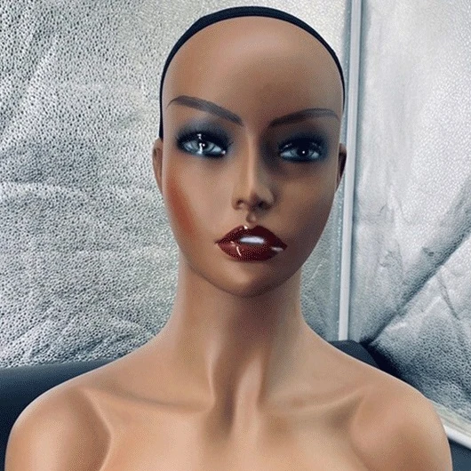 Women Pvc Material Double Shoulder Bald Black Mannequin Head With Shoulders For Wigs