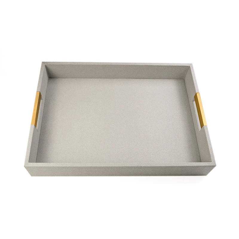 High-end Different PU color Leather Trays Hotel bathroom Leather Wood Rectangular Serving Tray with Short Metal Handle With SABER Certificate