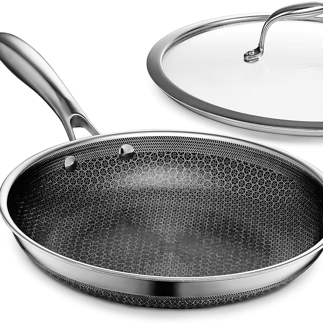 12 inch with Lid Hybrid Frying Pans Nonstick,non stick Stainless Steel Skillets, Dishwasher/Oven Safe Cookware