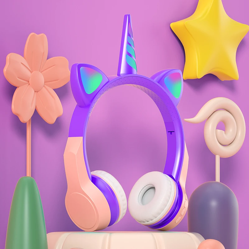 New Unicorn Wireless Kids Headset Cat Ears Cute Colorful Music Stereo Earphone Girl LED Light Headphones