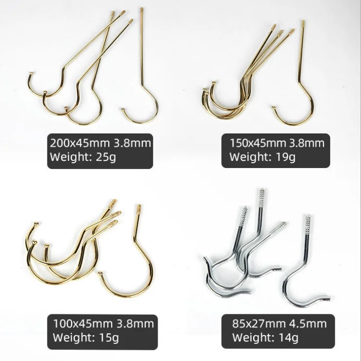 Custom Copper Coated Screw End J Shape Hooks Iron Gold Metal J Hook For Cabinet Hanging