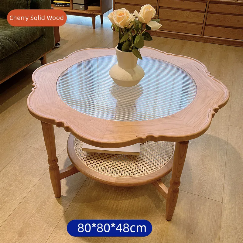Dreamhause Solid Wood Flower Shape Creative Coffee Table Homestay Apartment Round High Low Tea Table Set Living Room Table Set