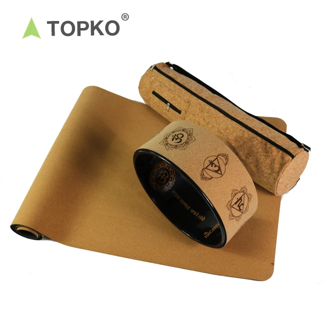 TOPKO Custom Natural Cork Yoga Starter Mat/Block/Wheel Set