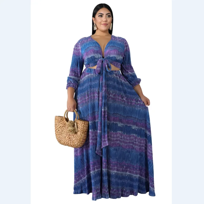 
Wholesale Fashion African Fat Women Plus Size Clothes Tie Dye Two Pieces Skirt Set Big Size 4XL Long Sleeves Dresses 