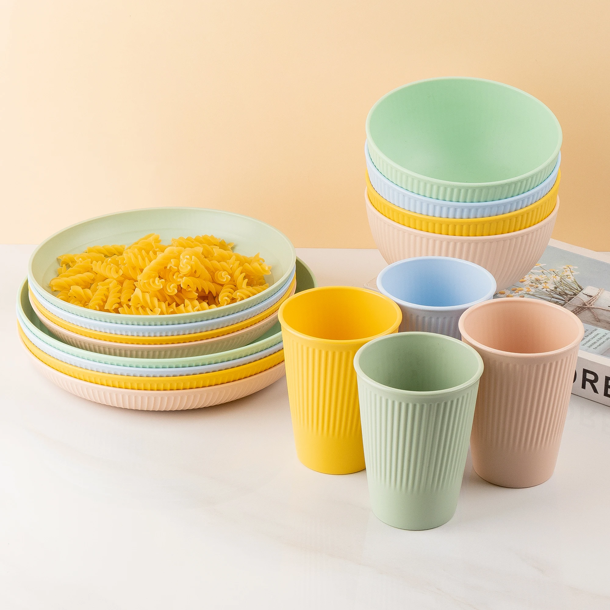 16 pcs Colorful Tableware Set Reusable Plastic Cups Plates Bowls PP Material Durable Dinnerware Set