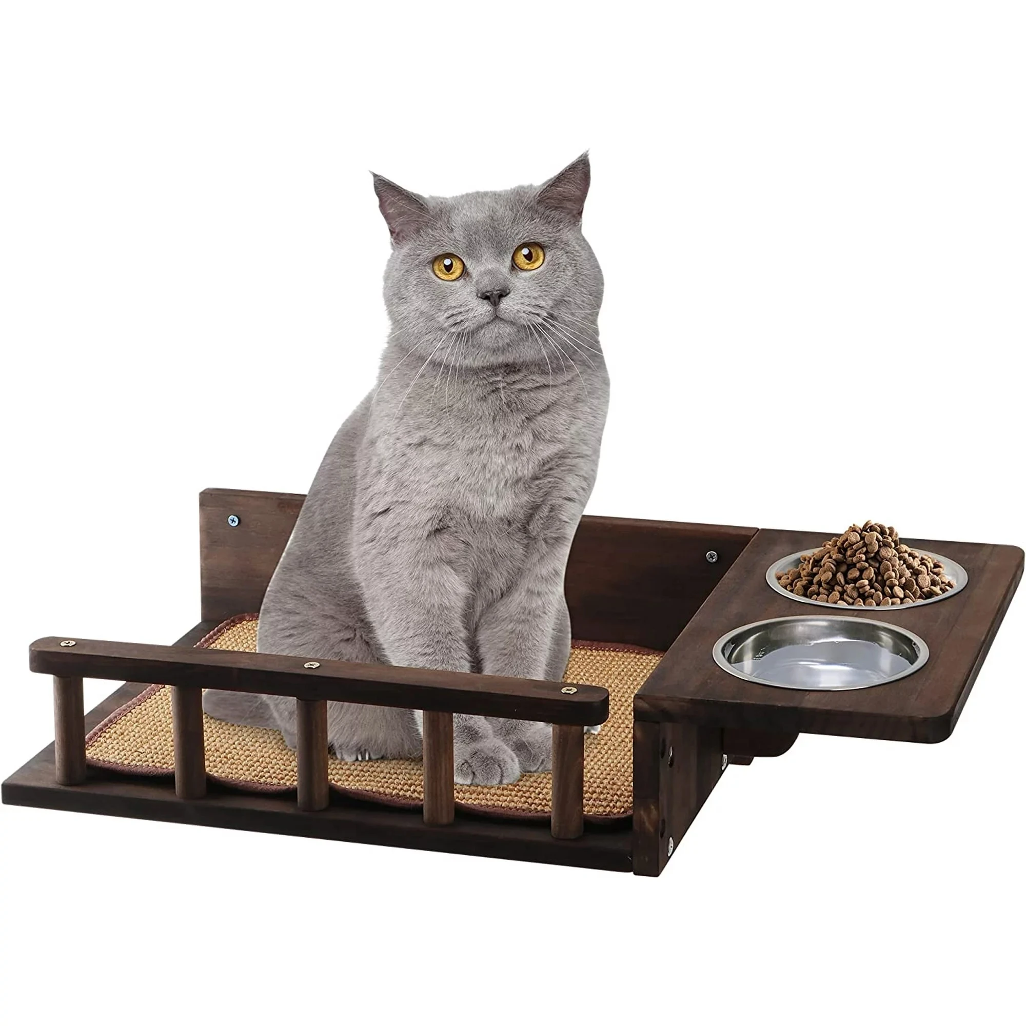 Wooden Cat Feeding Wall Mounted Shelf with 2 Elevated Cat Bowls Premium Modern Cat Shelves for Eating Playing Sleeping Lounging