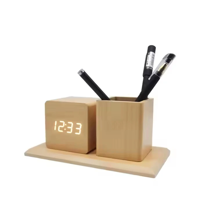 Creative LED Smart Alarm Clock Home Office Desktop Pen Holder Wood Clock Smart Electronic Clock