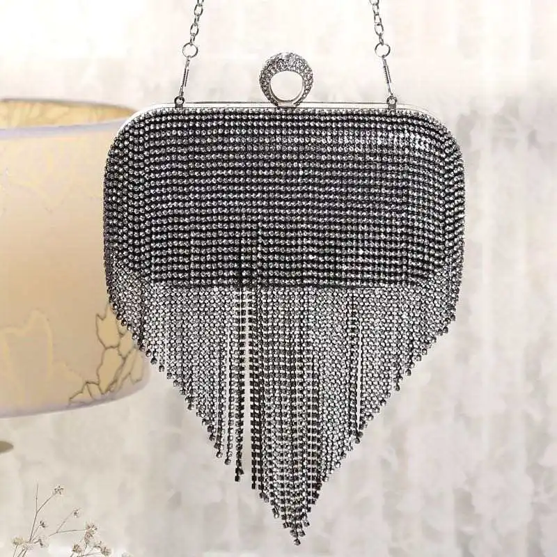Hot Selling Women Crystal Tassel Clutch Purses Evening Clutch Bag Rhinestones Handbag for Wedding Party