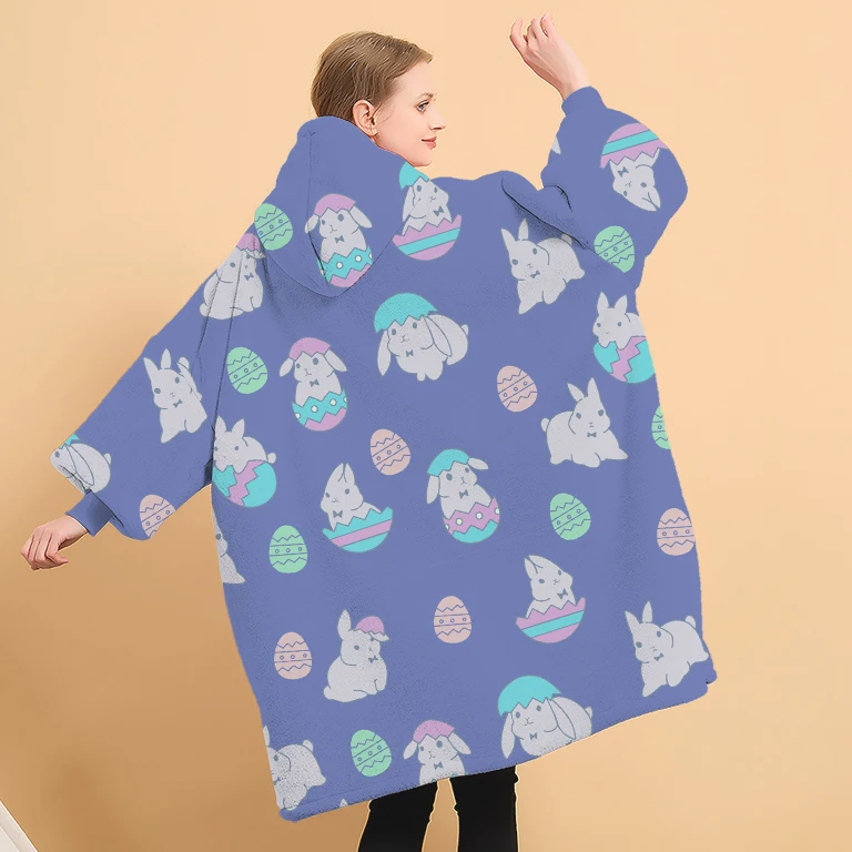 Customized Easter Rabbit Pattern Design Sherpa Cozy Soft Warm Oversized Hoody Wearable Pullover Hoodie Blanket With Hoods