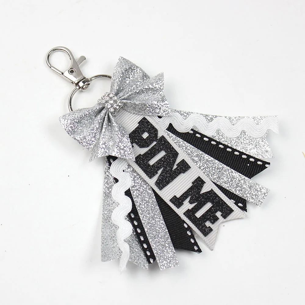 Wholesale Glitter Cheer Bows Keychain Sport Pin Me Keyring Tennis Football Basketball Volleyball Rugby Print Keychain Decoration