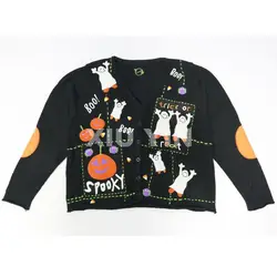 Black  halloween  knit sweater with embroidered ghoust , Pumpkin Winter thick jacquard cardigan with buttons