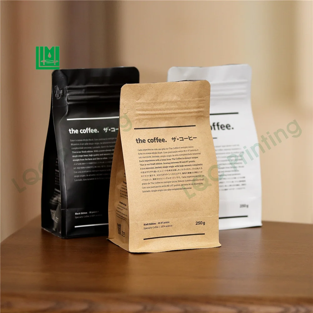 Custom printed kraft empty flat bottom coffee bean tea packaging bags with valve zipper and window