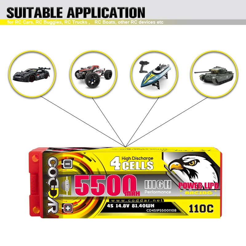 CODDAR 4S 5500MAH 14.8V 110C 220C 5mm Bullet Hard Case RC LiPo Battery 1/10 1/8 Scale RC Car Boat Truggy