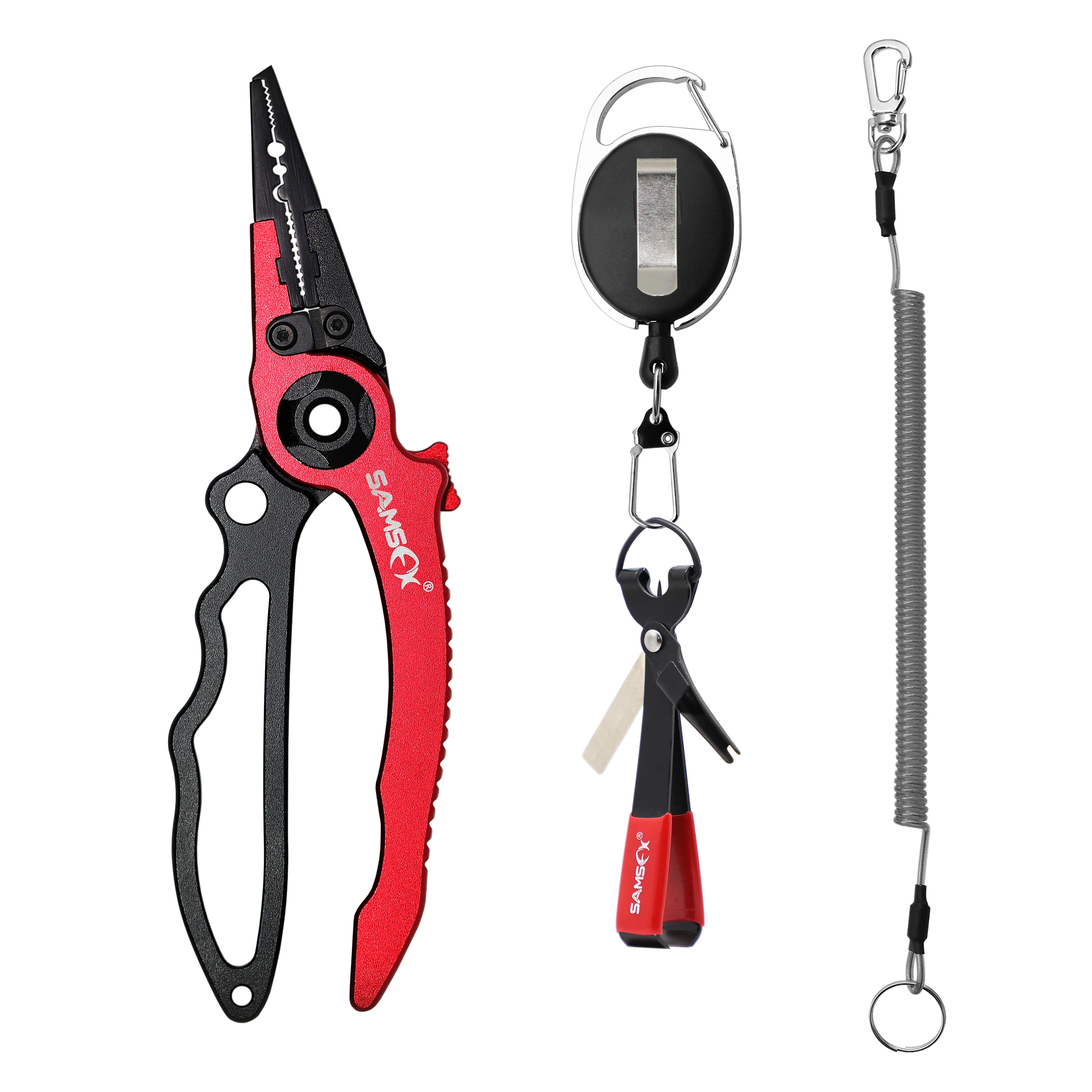 SAMSFX Aluminum Fishing Pliers Saltwater with Lanyard Sheath Quick Fly Knot Tying Kit Red