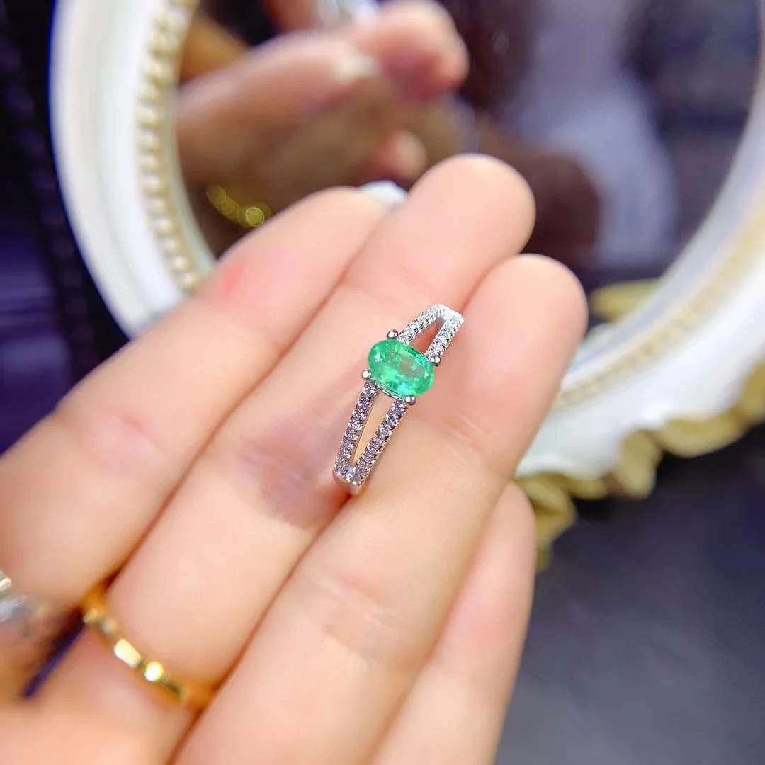 Hot Sale 925 Sterling Silver 4mm*6mm Natural Emerald Oval Cut Gothic Love Finger Women Ring