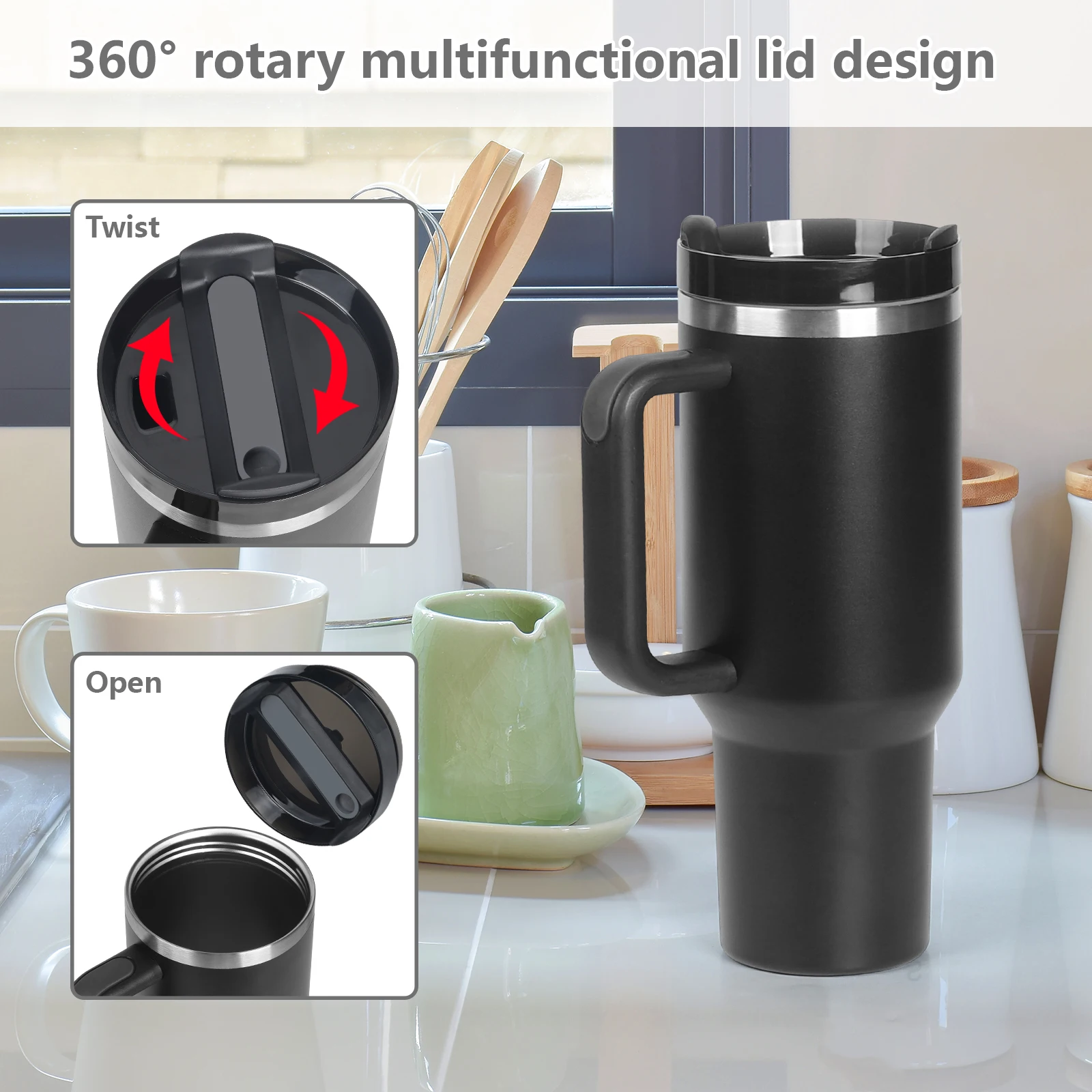 B80-0056 Custom 40oz Stainless Steel Double Wall Travel Coffee Mug Customizable 40 oz Tumbler With Handle and Straw Outdoor Mugs