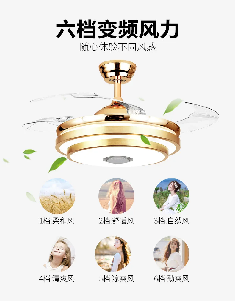 Retractable Ceiling Fan With Light And Speaker  Changing Color Led Fan Chandelier With Remote 36w (42 Inch)