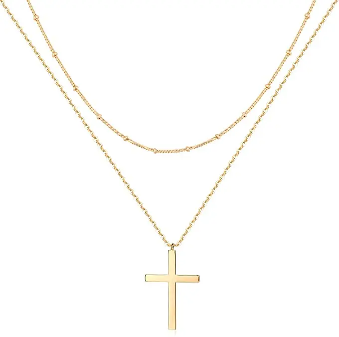 fashion cross layered necklace jewelry stainless steel gold plated cross pendant christian necklace women