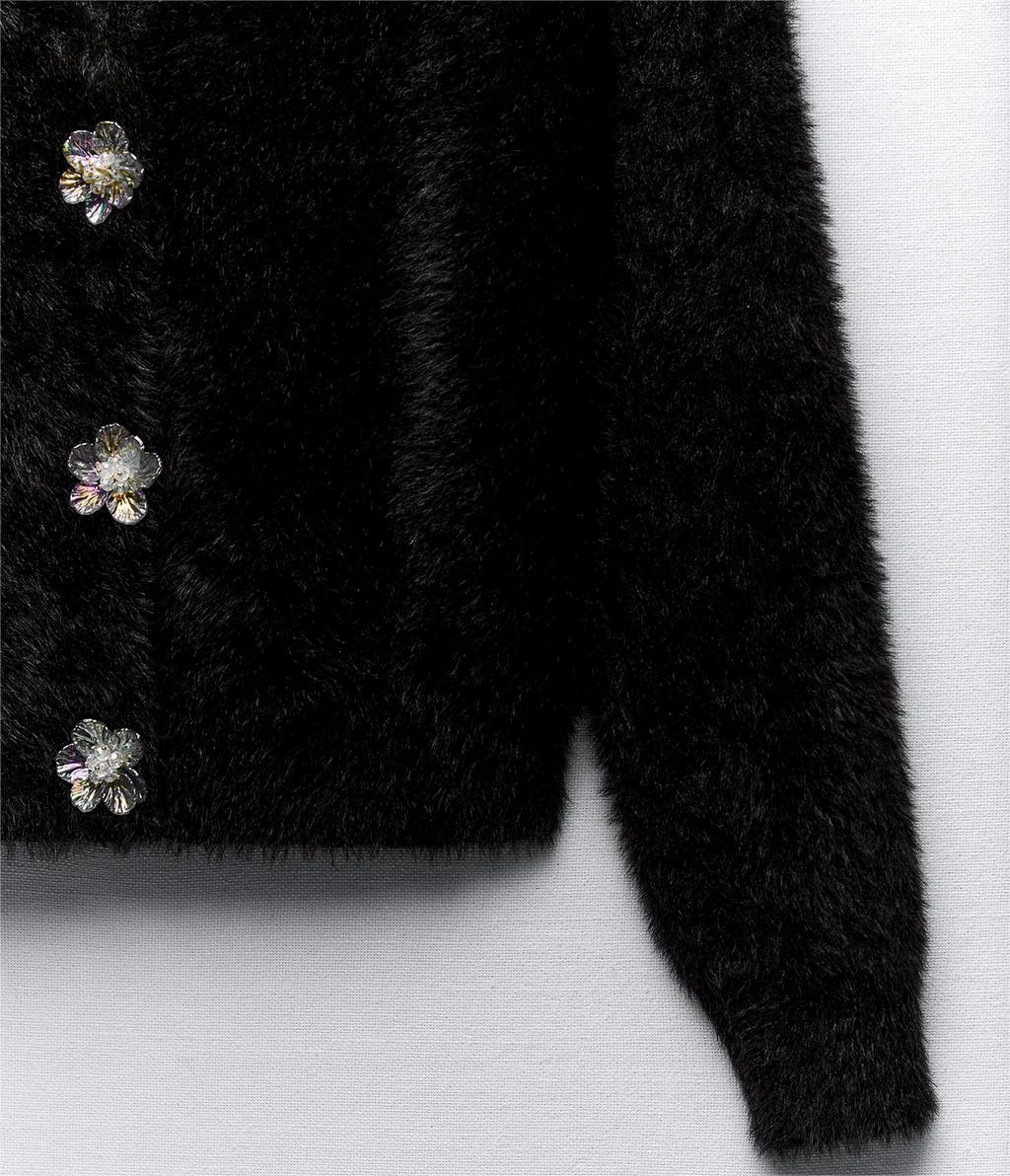 KD Knit Manufacture Custom OEM ODM Long Sleeve Floral Rhinestone Crystal Button Knitwear Faux Fur Women Cardigan Sweater