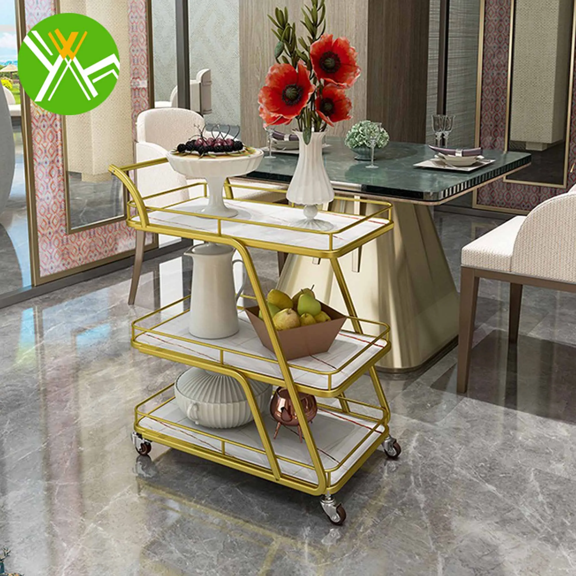 Yuhai Modern Portable 3 Tier Storage Metal Hotel Trolley Bar Cart Trolley Gold Wiggle Cart