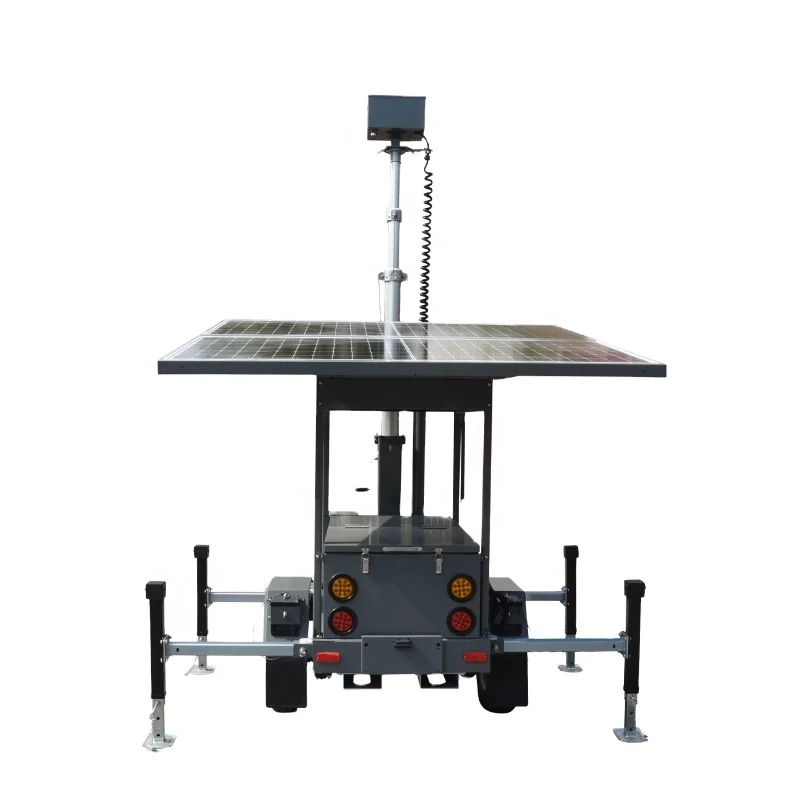 Grey mobile solar surveillance trailer with two solar panels for security
