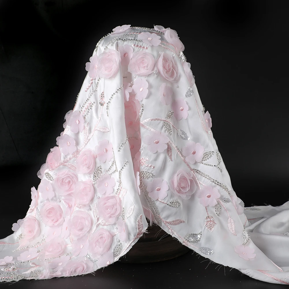 2024 New Popularity Hot Sale Products  Lace Embroidery Fabric Beaded Heavy White Bridal Beaded Fabric