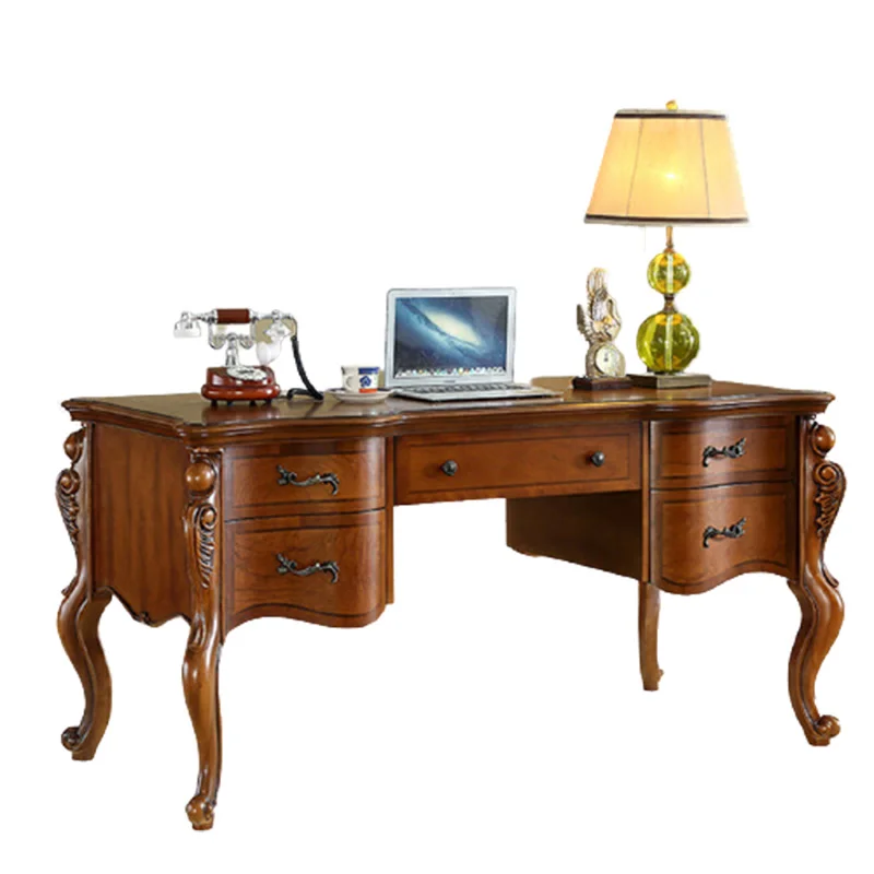 Factory wholesale solid wood carved desk antique design office desk with 5 drawers hotel computer table writing table