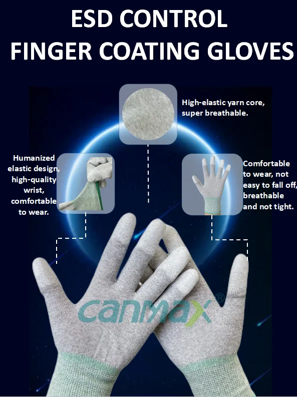 Light Weight Led Industry Conductive Polyester PU Fingertip Coated Electronics Working Antistatic Top Fit Clean ESD Gloves