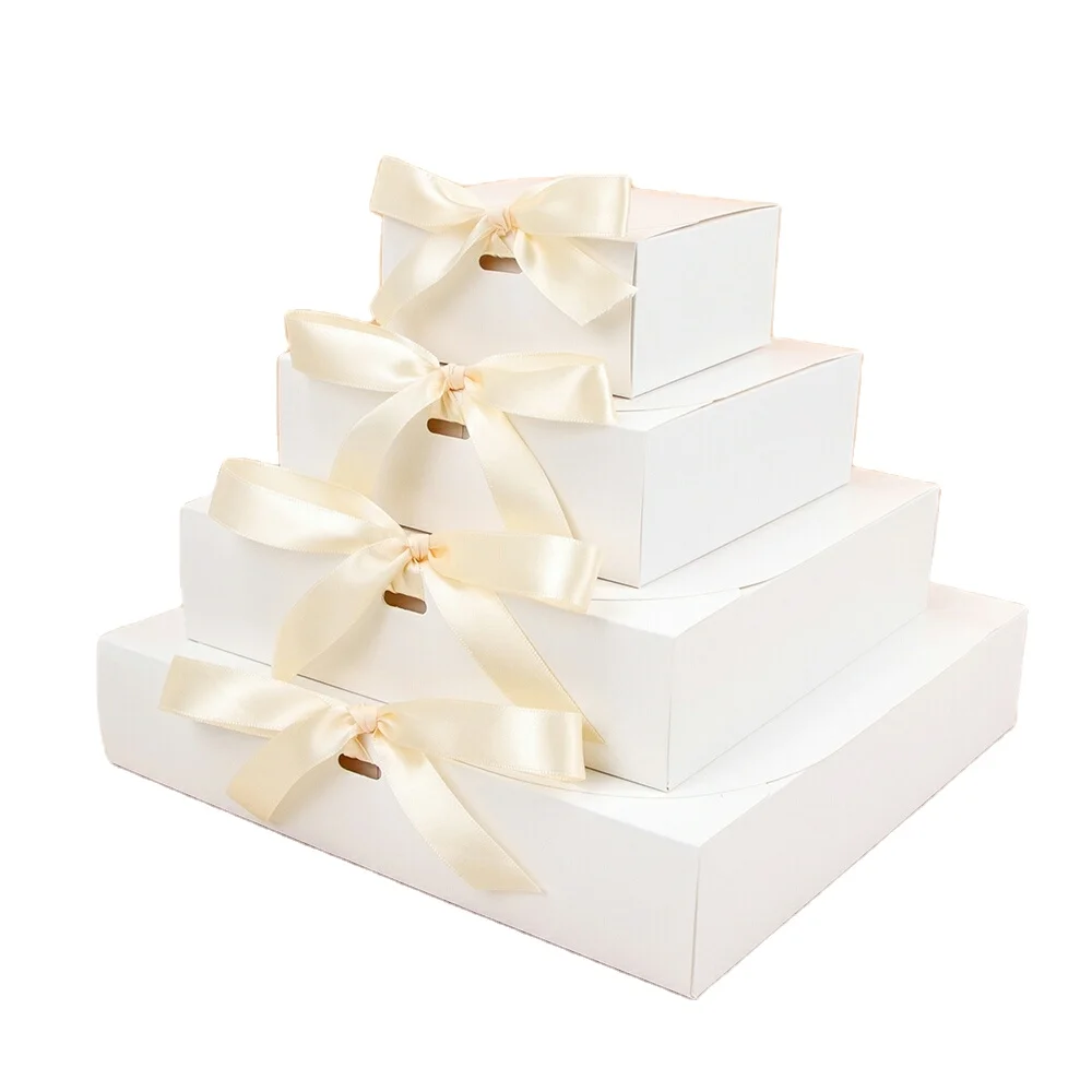 Biodegradable Gift White paper box with ribbon handle and customized printing for take away