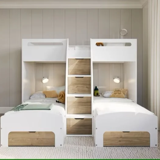 White/Oak Triple Bunk Bed Storage Wooden Beds Product Type
