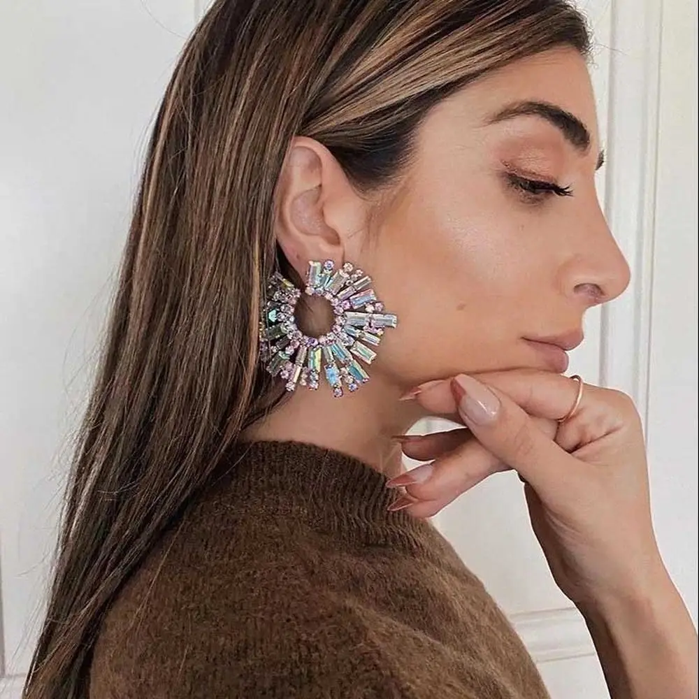2024 Fashion AB Color Big Hoop Stud Rhinestone Earrings For Women Statement Earrings